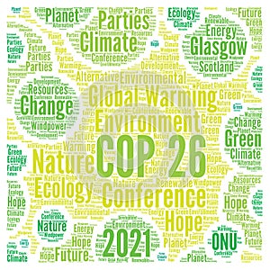 COP 26 in Glasgow, Scotland word cloud