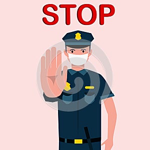 A cop in a medical protective mask makes a STOP gesture with his hand. Quarantine Control. Coronavirus Prevention. Vector