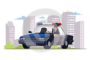 Cop patrolling street flat vector illustration photo