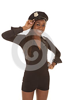 Cop woman hold hat