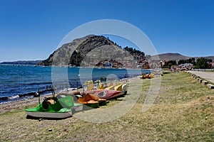 Copacabana Bolivia Lake Titicaca Beach with Peddle Boats