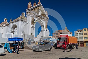 COPACABANA, BOLIVIA - MAY 13, 2015: Blessing of Automobiles in front of Copacabana cathedral, Boliv