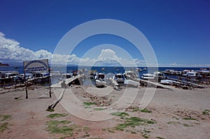 Copacabana harbour, the starting point for a tour of the Isla Del Sol on Lake Titicaca photo