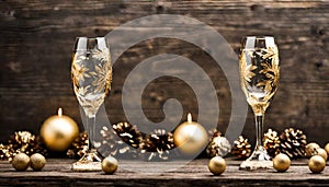 Copas de champan sobre mesa de madera cerca de adorno navideÃ±o, sobre fondo oscuro y dorado desenfocado photo