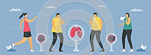 COPD symptoms include tired, cough, sputum, wheezing. Lung have breathing problems and poor airflow. Pulmonology vector