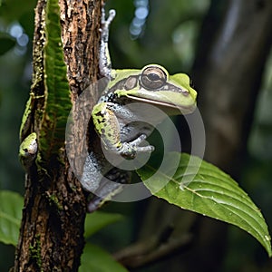 Cope's Gray Treefrog Jumping Between Branches in a Lush Forest
