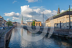 Copenhagen Canal Skyline and Slotsholmen with Nikolaj Kunsthal Tower - Copenhagen, Denmark