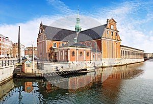 Copenhagen, Church of Holmen with reflection in water