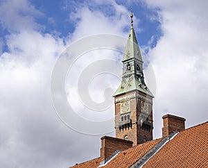 Copenhagen City Hall and Clock Tower View from Over Rooftops