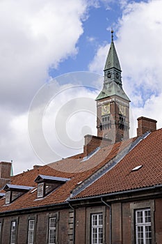 Copenhagen City Hall and Clock Tower View from Over Rooftops