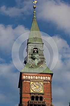 Copenhagen City Hall facade and Clock Tower in Denmark