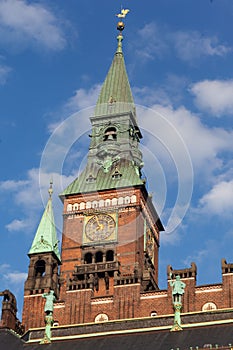 Copenhagen City Hall facade and Clock Tower in Denmark