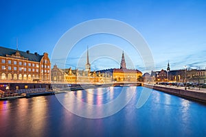 Copenhagen city view of Christiansborg Palace at night in Copenhagen, Denmark
