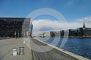 Copenhagen cityscape of canal, bridges and houses on embankment