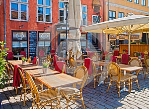 Copenhagen, coffee bar at Nyhavn harbor famous touristic landmark