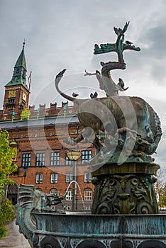 COPENHAGEN, DENMARK: A beautiful fountain with a bronze sculpture of a bull and a dragon. City Hall