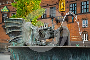 COPENHAGEN, DENMARK: Bronze dragon statue in front of the Copenhagen City Hall, Denmark