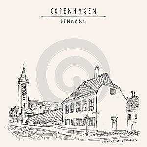 Copenhagen, Denmark, Europe. Historical street in Nyboder. European old town travel sketch. Artistic vintage hand drawn postcard,