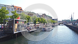 COPENHAGEN, DENMARK - JUL 04th, 2015: Shipping channel in Copenhagen with parked yachts, river ships and boats