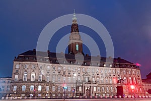 Night view on Danish Parliament Folketinget, Christiansborg Palace