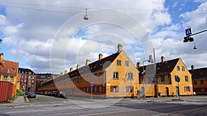 COPENHAGEN, DENMARK - MAY 31, 2017: yellow houses in Nyboder district, historic row house district of former Naval barracks in Cop