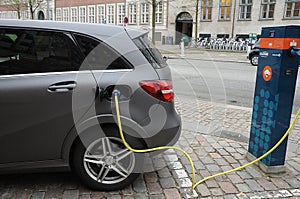 Copenhagen/Denmark 13.November 2018. _German Electric Merceds Benz car at charing point in danish capital Copenhagen Denmark.