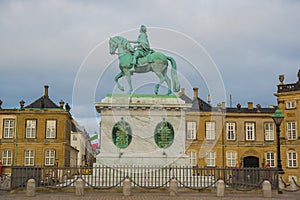 COPENHAGEN, DENMARK: Sculpture of Frederik V on Horseback in Amalienborg Square, it`s home of the Danish Royal family in