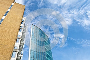 Copenhagen. Denmark. 15. September. 2021. Beautiful Modern Glass Office Building Cloudy Sky Background Bottom View