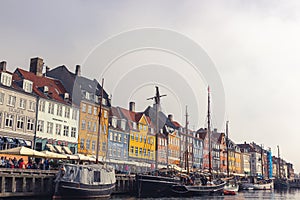 Copenhagen, Denmark  - September 22, 2019 Beautiful new Haven water canal in Copenhagen, lots of sailing boats, people and