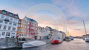 Copenhagen Denmark time lapse, sunrise timelapse at Nyhavn harbour