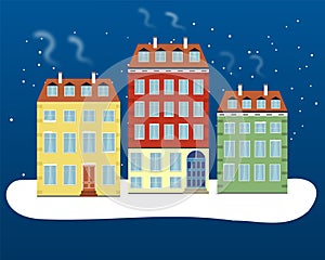 Copenhagen winter city scene. Netherlands. Facades of traditional colorful Dutch houses in flat style. Vector illustration. Touris