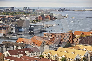 Copenhague cityscape harbor and canal. Denmark capital skyline