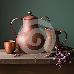 A coper and clay jug and a copper copper surrounded by dried flowers on a shelf