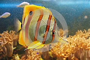 Coperband butterfly Chelmon rostratus also known as the Beaked butterflyfish, Beaked coralfish or Orange stripe butterfly