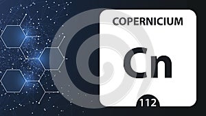 Copernicium 112 element. Alkaline earth metals. Chemical Element of Mendeleev Periodic Table. Copernicium in square cube creative