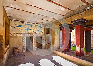 Copies of fresco in a hall at the palace of Knossos, famous ancient city in Crete.