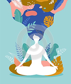 Coping with stress and anxiety using mindfulness, meditation and yoga. Vector background in pastel vintage colors with a photo
