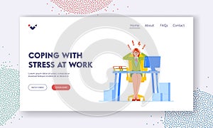 Coping with Stress at Work Landing Page Template. Stressed Businesswoman Sit with Flashes and Exclamation Marks
