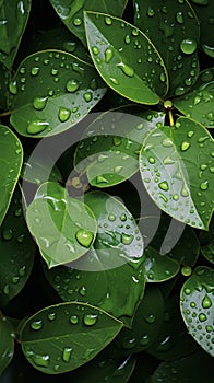 Copious water droplets on green leaves, top view copy space