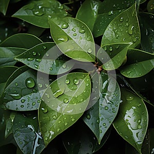 Copious water droplets on green leaves, top view copy space