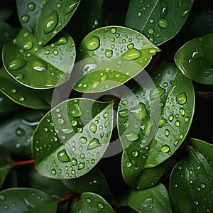 Copious water droplets on green leaves, top view copy space