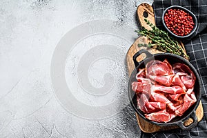 Coppa, Capocollo, Capicollo meat popular italian antipasto food. White background. Top view. Copy space