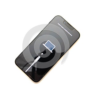 Top view Apple iPhone mini 13 showing support .apple.com iphone restore issue error message isolated on white background, need to