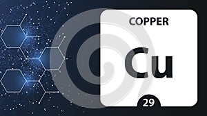 Copper 29 element. Alkaline earth metals. Chemical Element of Mendeleev Periodic Table. Copper in square cube creative concept.