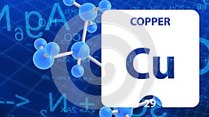 Copper 29 element. Alkaline earth metals. Chemical Element of Mendeleev Periodic Table. Copper in square cube creative concept.