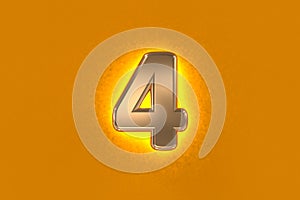 Copper or aged gold brassy alphabet with yellow noisy backlight - number 4 isolated on orange background, 3D illustration of