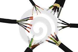 Copper and aluminium power electric cable assemblies endings gathered in circle, white background