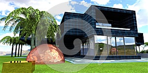 A copper ball and a golden box in a green clearing in front of a futuristic country house lined with photovoltaic panels. 3d