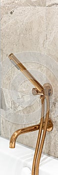 Copper bathtub faucet and shower handle, panorama
