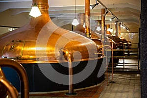 Copper beer tanks in brewhouse